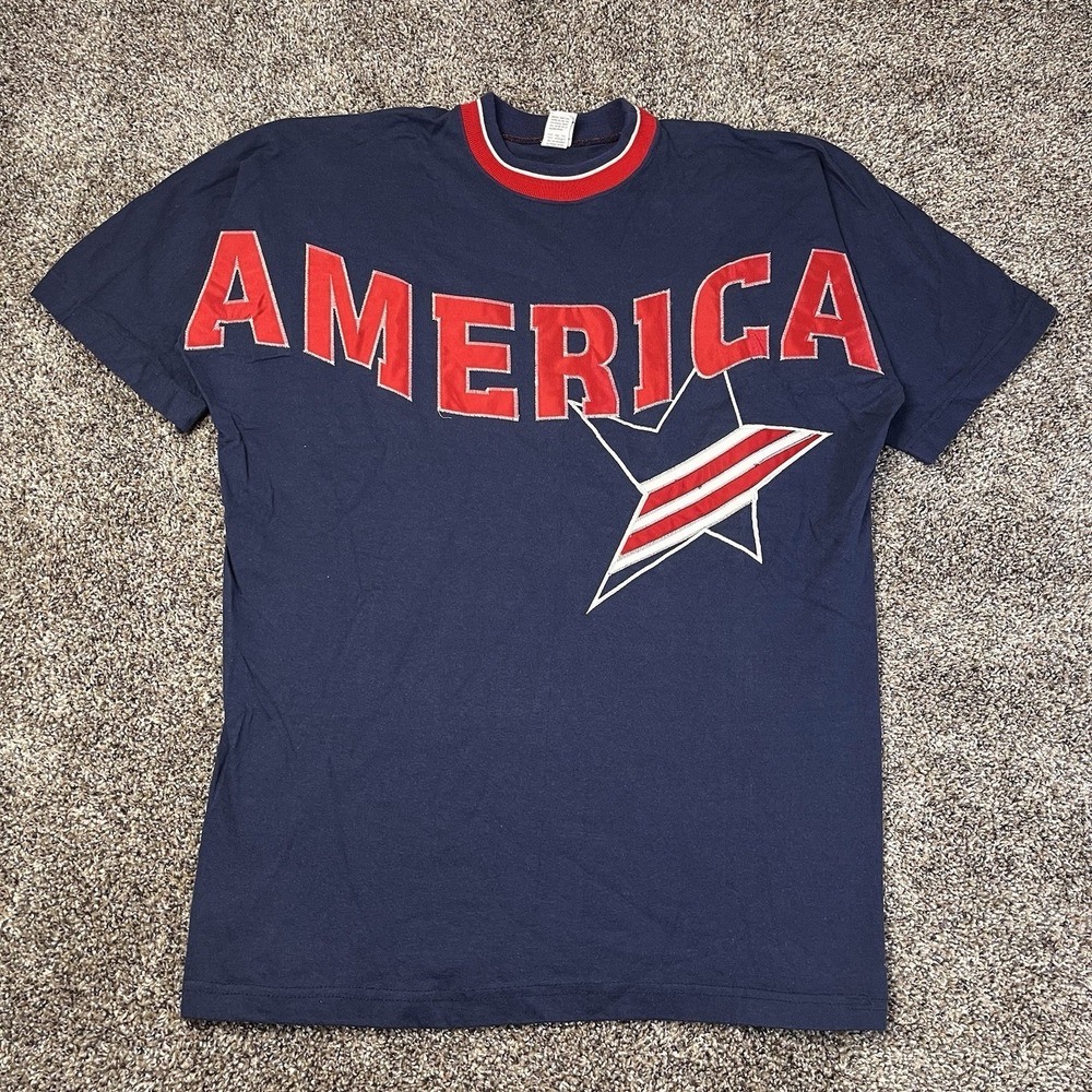 VTG Legends Athletics Mens Size L America Star Embroidered Tee Shirt 4th Of July